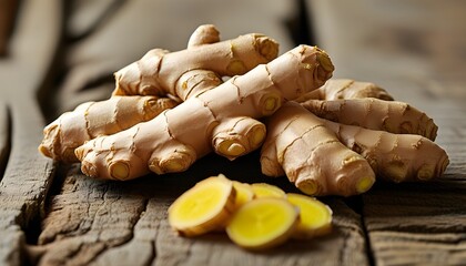 Vibrant yellow interior of fresh ginger root and slices displayed on rustic wooden surface highlighting natural earthy textures