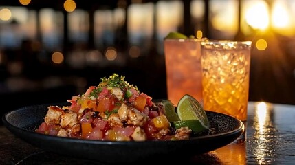 Ugli fruit salsa served grilled chicken lime zest placed stylish rooftop bar colorful cocktail sunset view softly blurred behind creating fresh zesty meal Scientific name Citrus reticulata Citrus