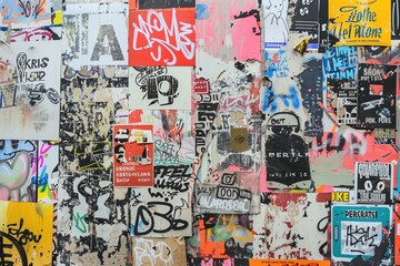 A vibrant collage of various stickers and graffiti on a wall, showcasing a mix of colors and designs. The wall features a chaotic arrangement of posters, tags, and street art.