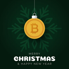 Bitcoin Christmas Greeting card. Merry Christmas and happy new year crypto greeting card. Hang on a thread green and red xmas ball bauble