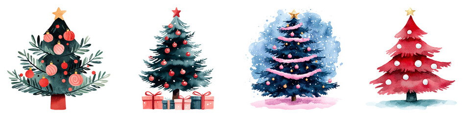 Four decorative Christmas trees, each uniquely styled, showcasing festive colors and ornaments against a black background.