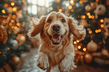 Sticker - A family trying to take a holiday photo, but the dog keeps jumping in front of the camera. Concept of holiday photo fails.