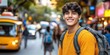 © Pixel Mind - A cheerful young man stands on a busy street, enjoying the vibrant atmosphere of the city around him