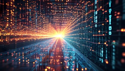 Dynamic visualization of futuristic data flow featuring interconnected nodes and streams of binary code representing high-speed data transmission