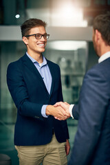 Poster - Smile, business people or shaking hands for welcome, introduction or greeting in office. Handshake, deal or team in agreement for collaboration, b2b partnership or negotiation success with pr officer