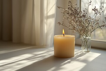 A lit candle and dry flowers on a window sill bathed in sunlight.