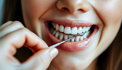 Wall Mural - Transforming a Smile: Closeup of a Young Caucasian Woman Inserting a Dental Aligner for Perfectly Aligned Teeth