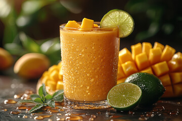 Canvas Print - A smoothie made with tropical fruits like pineapple, mango, and banana, garnished with a slice of lime. Concept of exotic, healthy beverages.