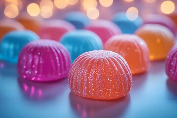 colorful, sparkly candies on a blue background with bokeh lights