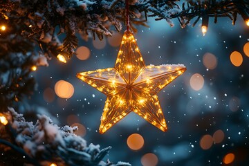 A glowing golden Christmas star ornament hangs on a snow-covered tree