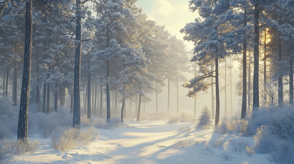 Wall Mural - a serene, snow-covered pine forest at dawn, with soft light filtering through frosty trees, creating