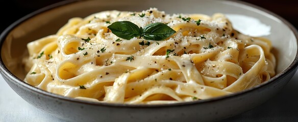 Wall Mural - artfully plated fettuccine alfredo creamy sauce glistening on al dente pasta garnished with fresh herbs and parmesan shavings soft shadows on crisp white backdrop