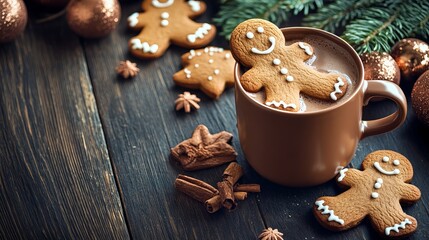 A gingerbread man and cookies are in a mug of hot chocolate on a dark wooden table. There is an empty space for writing.