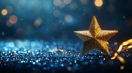 Wall Mural - golden star ornament on glittering blue surface with bokeh lights in background, creating a festive 