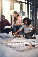 Poster - Creative people, discussion and meeting with documents in office for sales plan, strategy and teamwork. Employees, conversation and paper with graphs on floor for kpi solution, analysis and feedback
