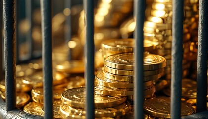 Gold coins imprisoned in a cage, illustrating the concept of financial confinement and the paradox of wealth as a money trap