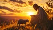 © vetrana - Shepherd jesus christ gently caring for a lost lamb during a majestic sunset scene