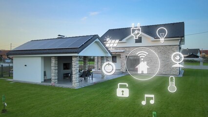 Smart home system icons in front of modern house with solar panels. 3D graphic