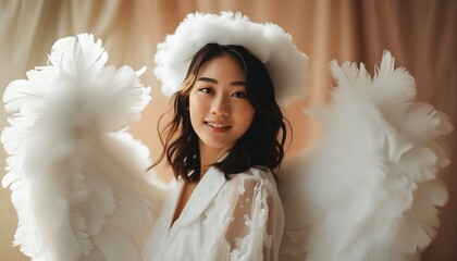 joyful young asian woman in angel costume with fluffy wings smiling against a serene pastel backdrop