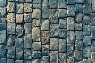 Cobblestone stone road pavement with irregularly shaped stones. The stones are gray and weathered, creating a textured surface. The arrangement of the stones is tight.