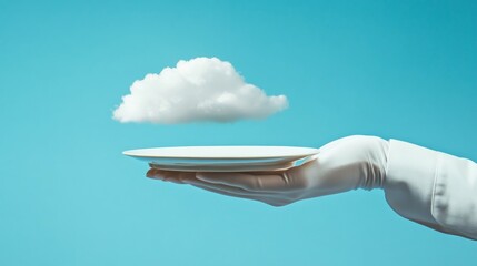 Waiter in white glove holding empty clear cloud.