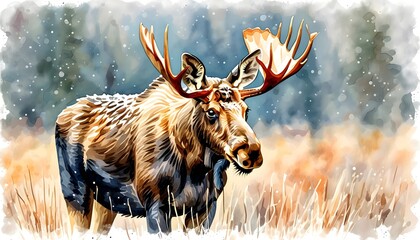 Whimsical Watercolor Portrait of a Majestic Moose