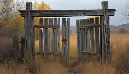 Mysterious ancient wood gate standing in solitude, surrounded by natures embrace, inviting exploration into forgotten realms