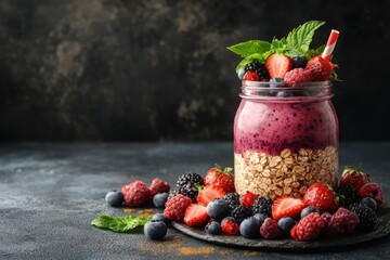 Wall Mural - healthy breakfast options, mixed berry oatmeal smoothie in mason jar, a refreshing and energizing breakfast choice with copy space