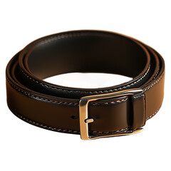 Brown leather belt with brass buckle rolled up isolated on transparent background