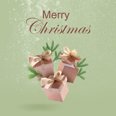 Poster - Merry Christmas greeting card with gift boxes and fir tree branches in air on light green background