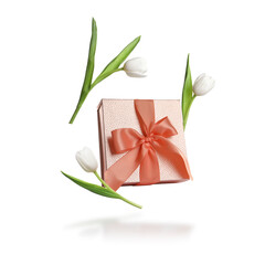 Sticker - Gift box and tulip flowers in air on white background