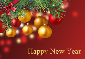 Poster - Happy New Year wish and fir tree branches with Christmas balls on red background