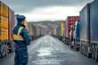 © huntspy - A customs officer stands vigilant, blocking trucks at border checkpoint, ensuring security and compliance. scene captures tension and responsibility of border control
