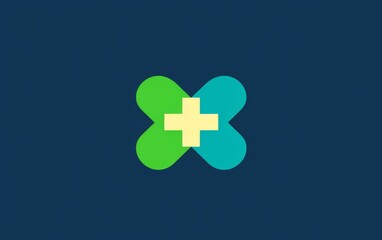 Wall Mural - Minimalist logo with a symmetrical medical cross, featuring a blend of blue and green, flat vector design, and solid background, ideal for healthcare branding.