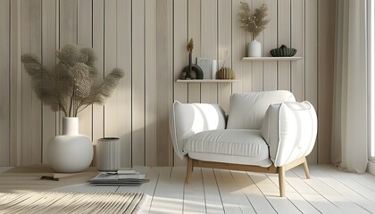 Wall Mural - Scandinavian Style Modern Living Room Featuring a White Armchair Against a Light Wall