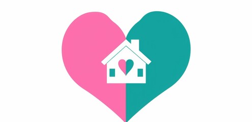 Wall Mural - Abstract heart-shaped house logo with hands holding it, designed for a home care business in pink and teal colors