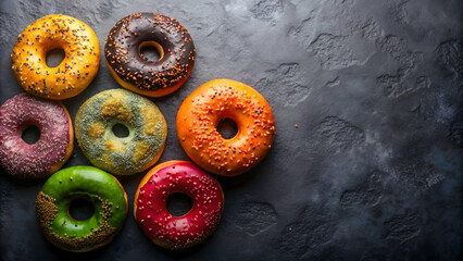 Colorful bagels on a dark background, Bagels, Multicolored, Art, Background, Food, Baked goods, Variety, Creative, Rainbow