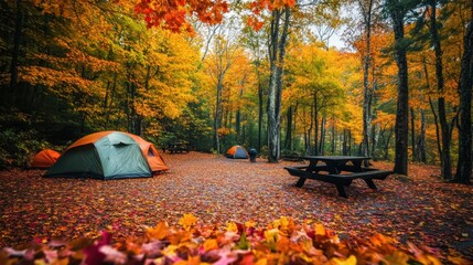 Wall Mural - A vibrant autumn camping scene with colorful leaves scattered around the campsite