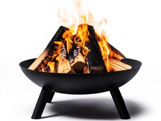 Fire pit with burning logs, white isolated background