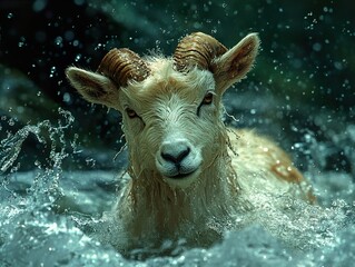 Wall Mural - Close-up Portrait of a Wet Goat in a Stream