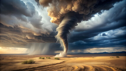 Wall Mural - Tornado swirling in a dry desert landscape , sand, arid, weather phenomenon, natural disaster, powerful, dust, stormy