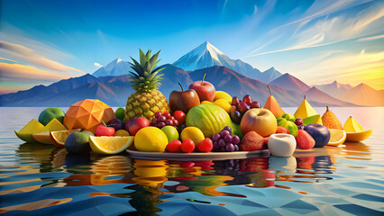 Low poly colorful still life of fruits on water with a seascape and mountains in the background, low poly, colorful