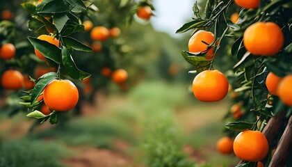 Vibrant close-up of organic oranges in a lush garden orchard background