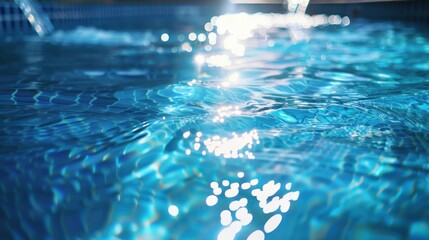 A close-up of light reflecting on the rippling water surface in a swimming pool lined with bright blue tiles 