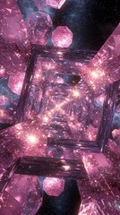 Poster - Abstract 3D Pink Geometric Tunnel with Glowing Lights and Stars