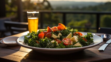 Osage orange fruit salad kale almonds tangy vinaigrette served rooftop cafs vibrant terrace with sunset views softly blurred behind promoting a nutritious vibrant meal Scientific name Maclura pomifera