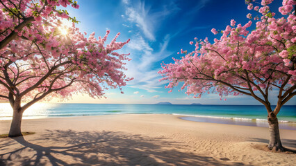 Tranquil beach scene with blooming trees, calm, beach, trees, flowers, tranquil, serene, nature, peaceful, relaxation, vacation