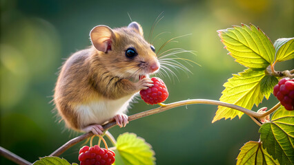 Field mouse eating a raspberry on a plant branch, field mouse, raspberry, plant, branch, wildlife, nature, outdoor, cute