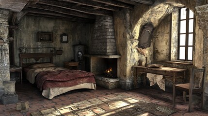 Sticker - Rustic bedroom interior with fireplace, wooden beams and stone walls