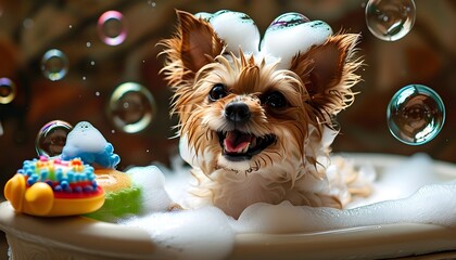 Joyful pet enjoying a bubbly bath with a foam crown, surrounded by colorful bubbles and playful toys in a delightful setting